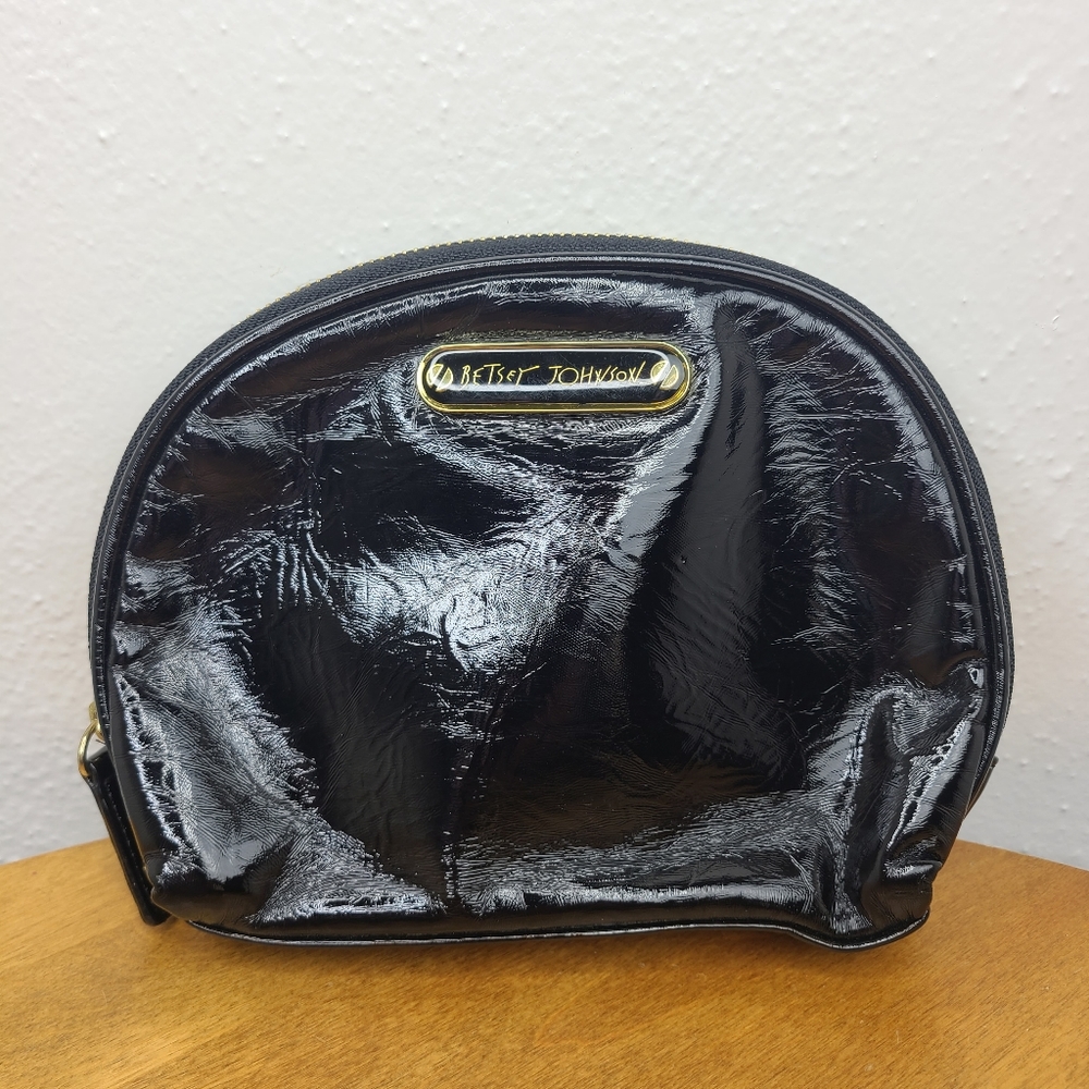 Betsey Johnson Cosmetic Bag Pouch Patent Faux Leather Black Shiney